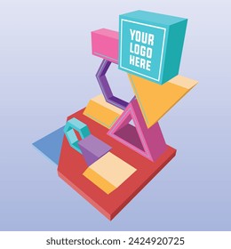 3d stand booth stage backdrop photo cutting art installation futuristic modern geometric colorful decoration with blank space logo company lighted for event exhibition. Vector editable isolated.