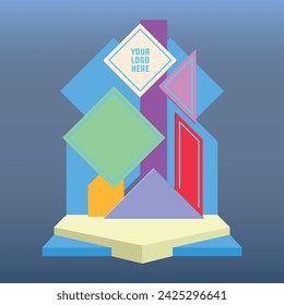 3d stand booth stage backdrop photo cutting art installation futuristic modern geometric colorful decoration with blank space logo company lighted for event exhibition. Vector editable isolated.