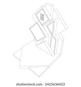 3d stand booth stage backdrop photo cutting art installation geometric decoration with blank space logo company for event exhibition. Vector sketch outline line drawing coloring editable isolated.