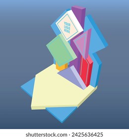 3d stand booth stage backdrop photo cutting art installation futuristic modern geometric colorful decoration with blank space logo company lighted for event exhibition. Vector editable isolated.