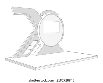 3d stand booth stage floor backdrop futuristic technology digital decoration with blank LED TV screen logo company for event exhibition. Vector editable isolated sketch outline drawing coloring.