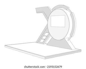 3d stand booth stage floor backdrop futuristic technology digital decoration with blank LED TV screen logo company for event exhibition. Vector editable isolated sketch outline drawing coloring.
