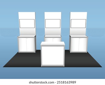 3d stand booth standing TV wall panel partition system knockdown portable with table registration information blank space logo company for event exhibition. Vector editable isolated.