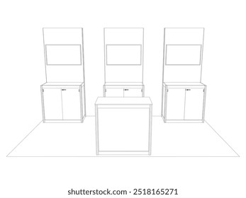 3d stand booth standing TV wall panel partition system knockdown portable with table registration information blank space logo company for event exhibition. Vector editable isolated.