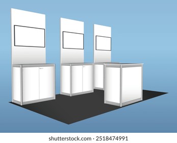 3d stand booth standing TV wall panel partition system knockdown portable with table registration information blank space logo company for event exhibition. Vector editable isolated.