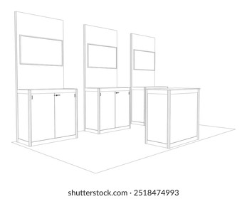 3d stand booth pé TV parede painel divisória sistema portátil knockdown com tabela de registro informações espaço em branco logotipo empresa para a exposição do evento. Vetor editável isolado.