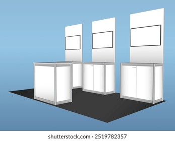 3d stand booth standing TV wall panel partition system knockdown portable with table registration information blank space logo company for event exhibition. Vector editable isolated.