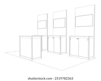 3d stand booth standing TV wall panel partition system knockdown portable with table registration information blank space logo company for event exhibition. Vector editable isolated.