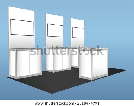 3d stand booth standing TV wall panel partition system knockdown portable with table registration information blank space logo company for event exhibition. Vector editable isolated.
