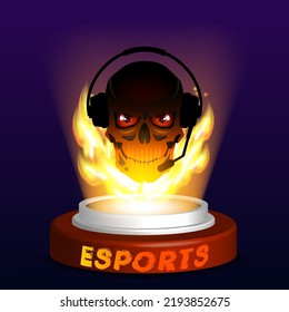 3D stand with a hologram, a skull with red eyes in gaming headphones in a bright flame and the inscription esports