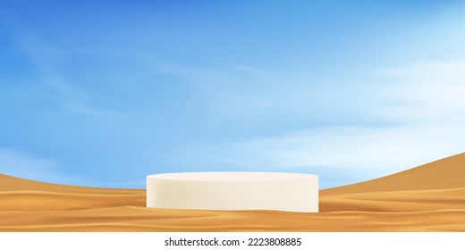 3d Stand Podium on Beach Sand or Desert Dunes Wave with Blue Sky and Clouds background,Vector banner backdrop Display circle on surface sand for advertising of cosmetic,skincare concept  