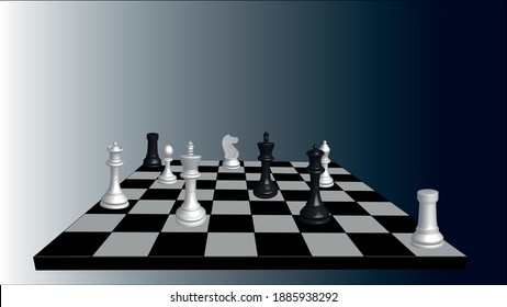 3d standing of different chess pieces in black color. Set of chess. Games and entertainment. Big and small parts.