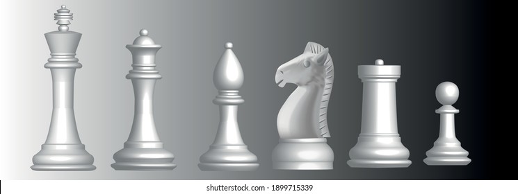 3d standing of different chess pieces in black color. Set of chess. Games and entertainment. Big and small parts