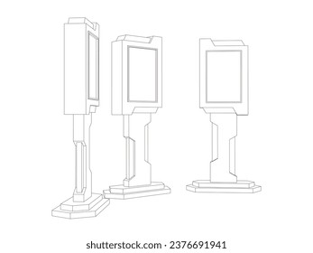 3d standing display banner LED screen digital futuristic style decoration with blank space for logo and title company. Vector editable isolated sketch outline drawing coloring.