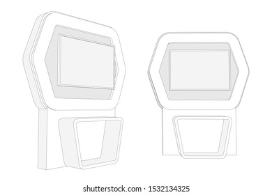 3d standing display portable LED TV backdrop with table console product presentation for event exhibition. Vector editable sketch outline drawing coloring isolated.