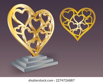 3d standing love valentine cutting totem trophy with gold texture. Vector editable isolated.
