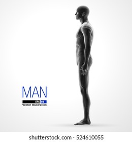 3d standing man, full length, black colored. Polygonal vector illustration . Side view