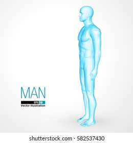 3d homem de pé, comprimento total, azul de cor. Ilustração vetorial poligonal . Vista lateral