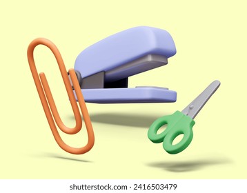 grapadora 3D, clip de papel, tijeras. Composición vectorial con sombras sobre fondo amarillo
