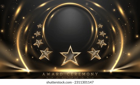 3 estrellas alrededor del marco de círculo dorado con efectos de luz brillante y decoración de bokeh en escena oscura. Diseño de fondo de la ceremonia de premiación de lujo.