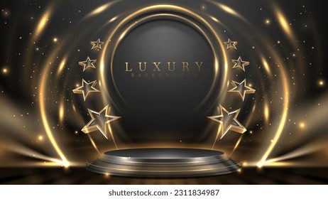 3d star around gold circle frame and podium and light effects decorations with bokeh. Luxury award ceremony background.