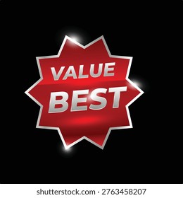 3D Star Best Value Badge, Glossy Red Starburst Sticker with Silver Chrome Border.