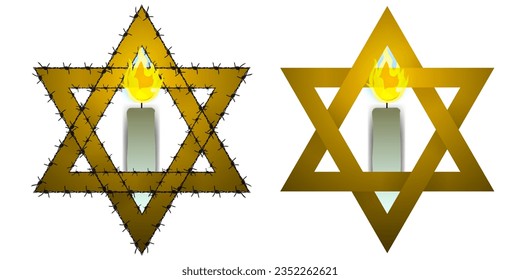 3d Star of David Holocaust Remembrance Symbol Concept. Holocaust memorial for the concentration camp victims of the holocaust. Burning candle with flickering flame, framed with lines barbed wire. EPS