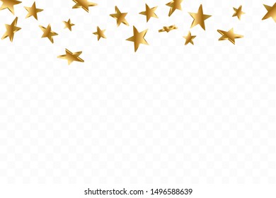 3d Star Falling. Gold Yellow Starry on transparent Background. Vector Confetti Star Background. Golden Starlit Card. Confetti Fall Chaotic Decor.