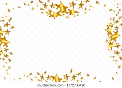 3d Star Falling. Gold Yellow Starry on transparent Background. Vector Confetti Star Background. Golden Starlit Card. Confetti Fall Chaotic Decor.
