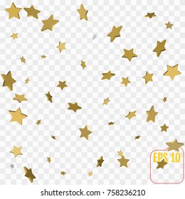 3d Star Falling Print. Gold Yellow Starry on transparent Background. Vector Confetti Star Background Pattern.  Golden Starlit Card. Confetti Fall Chaotic Decor. Modern Creative Pattern.