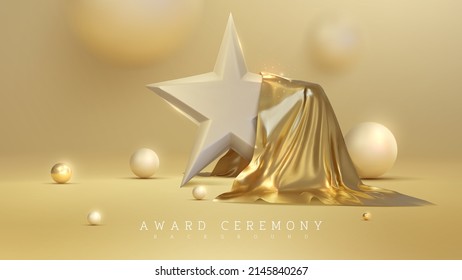 3d star and golden cloth with ball element and blur effect with glitter light decoration.