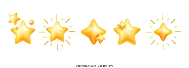 3D star icon set, cosmic sticker, yellow y2k trendy sky vector plastic holiday decor collection kit. New Year Christmas festive shapes, sparkle ray, social media quality service rate. 3D star clipart