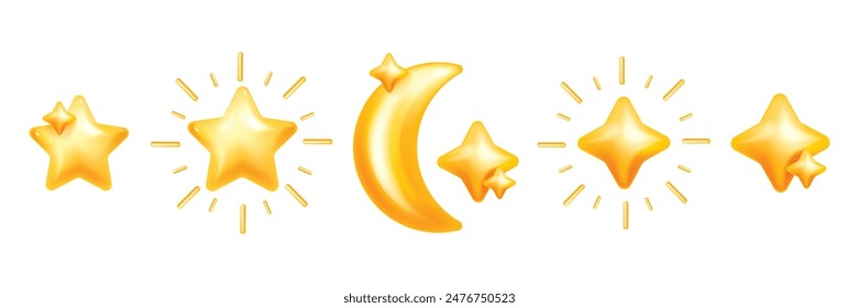 3D star icon set, vector plastic moon sticker, yellow y2k trendy lunar holiday decor collection kit. New Year Christmas festive shapes, sparkle ray, social media quality service rate. 3D star clipart