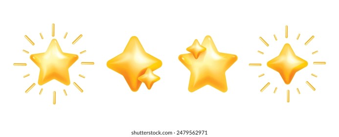 3D star icon set, vector plastic cosmic sticker, yellow y2k trendy sky holiday decor collection kit. New Year Christmas festive shapes, sparkle ray, social media quality service rate. 3D star clipart