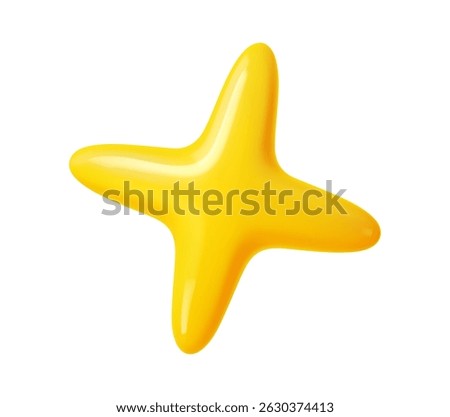 3d star icon with a smooth glossy surface in bright yellow color, playful shape and shiny effect. Isolated cartoon vector twinkle star with four points. Game asset, reward, rating or fun cosmic symbol