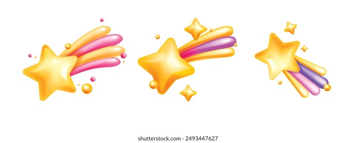 3D star icon, vector cartoon cute cosmic object sticker pack, plastic colorful holiday decoration. Night sky New Year Christmas festive decor collection, yellow sparkle shape. 3D star illustration