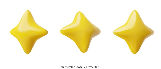 Iconos de estrellas 3D en amarillo. Ilustración vectorial que muestra tres estrellas de forma dinámica con un acabado brillante, perfecto para acentos visuales y decoraciones.