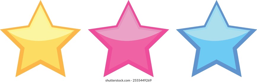 3d Star Isolated on white background, Vector cartoon 3d colorful star. Cute realistic 3d render, glossy metallic star