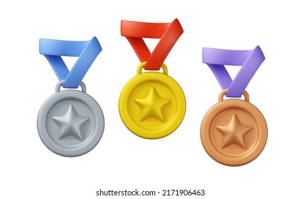 3d star medal icon set. Gold, silver and bronze sport award for winner. Vector prize badge render illustration isolated on a white background