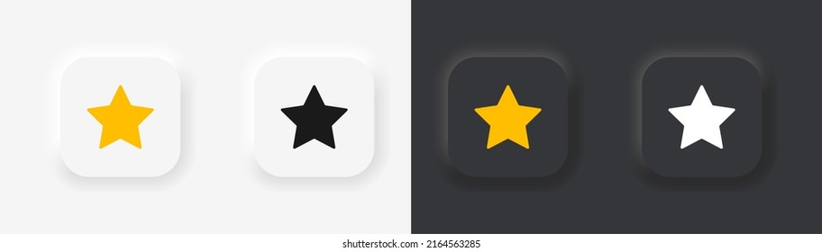 3d star neumorphism buttons. Black and white squares with golden neumorph stars buttons. Badges with light and shadow for ui on white and black background. Icons for modern web design. Vector.