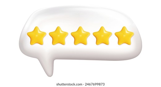 3d estrella en la burbuja de diálogo para revisión o Comentarios. Estrella amarilla en globo blanco. Vector de premio positivo de 5 estrellas