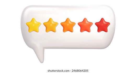 3d star on dialogue bubble for review or feedback. Yellow, orange and red star on white balloon. 5 quality rate vector render