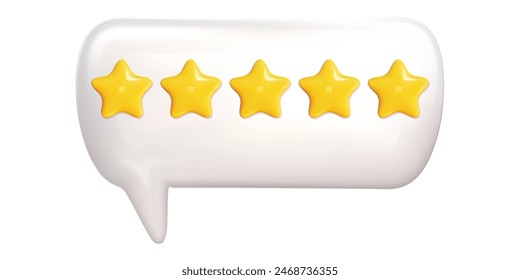 3d star on dialogue bubble for review or feedback. Yellow star on white balloon. 5 positive award vector render