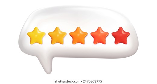 3d star on dialogue bubble for review or feedback. Yellow, orange and red star on white balloon. 5 quality rate vector render