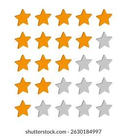 3D Star Rating Icons Set Vector Illustration. A 5-level star rating system featuring a subtle 3D effect. Each row presents a different rating from five to one star.