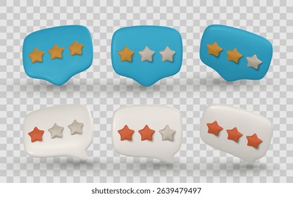 3D Star Rating Icons in Speech Bubbles for Reviews and Feedback UI, Colorful and Minimal Style on Transparent Background. Vector Illustration.