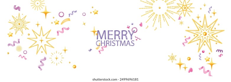 3D star ray banner, vector firework yellow circle background, holiday sparkle Christmas decoration. Festive New Year night magic y2k round light design, winter celebration. Cosmic 3D star explosion