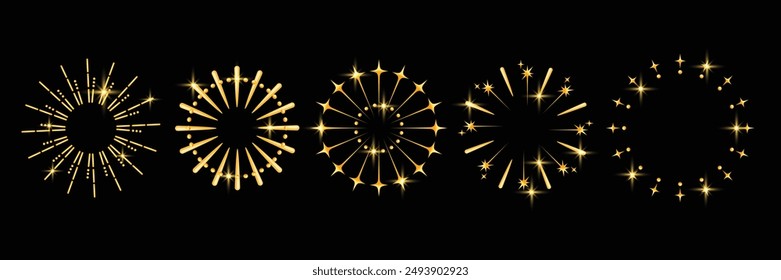 Conjunto de iconos de rayo de estrella 3D, marco amarillo de circulo de fuegos artificiales de Vector, decoración de Navidad con destellos navideños. Festive Nuevo año noche mágica y2k objeto de diseño de luz redonda, signo de sol de línea. Explosión de estrella cósmica 3D