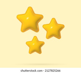 3d star in realistic cartoon style. Three yellow star for dreaming concept. Soft pop vector render design elements for feedback, award and achievements