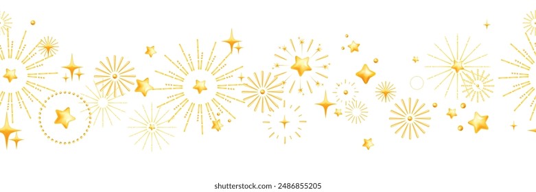 3D star seamless border, sparkle frame, vector holiday New Year Christmas cartoon yellow decoration. Cute night sky banner, greeting birthday firework explosion background. 3D star confetti banner